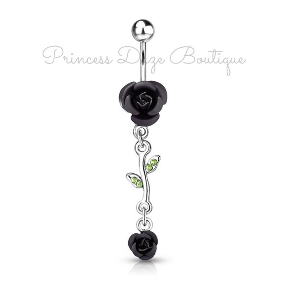 Black Rose Dangle Belly Button‎ Ring - Picture 1 of 1